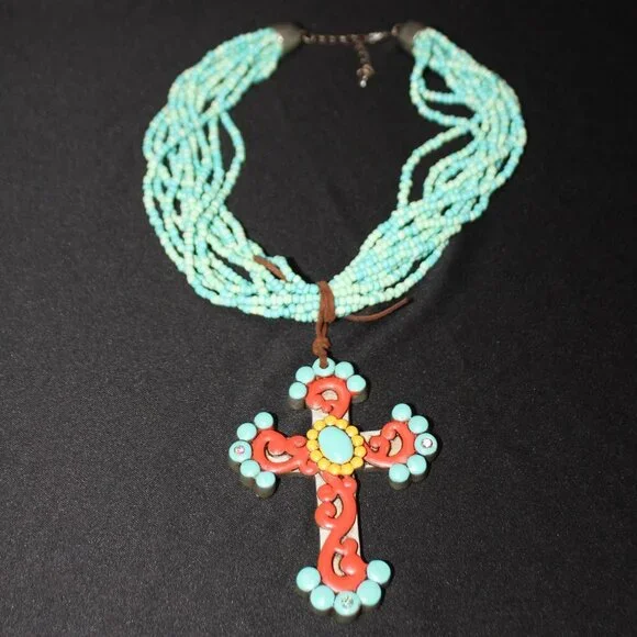 Beautiful Turquoise & Orange Large Cross on Leather Tied to Multi Bead Necklace - Picture 5 of 11